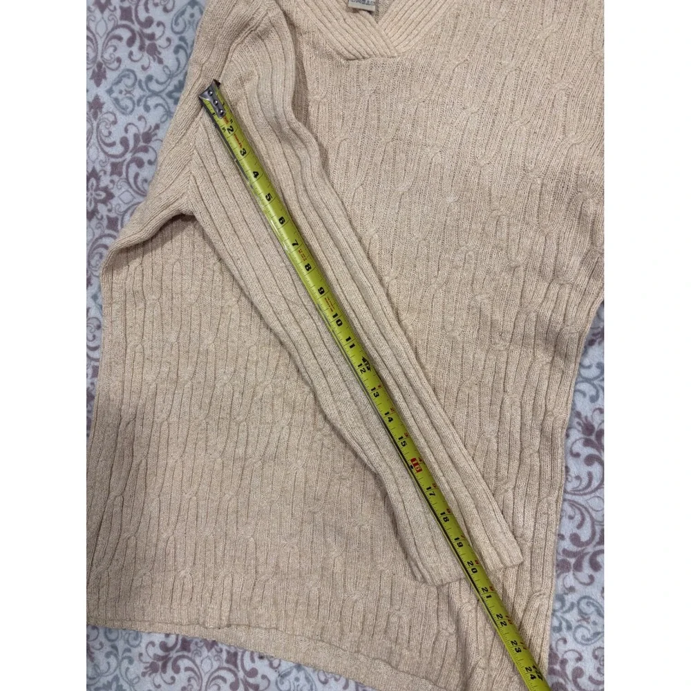 Melrose Studio Silk Blend Cable Knit V-Neck Sweater Tan Beige Medium